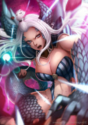 Rule 34 | 1girl, alternate form, angry, bare shoulders, blue eyes, breasts, claws, cleavage, curvy, energy ball, fairy tail, fangs, female focus, horns, large breasts, long hair, looking at viewer, magion02, mirajane strauss, open mouth, scales, silver hair, solo, thick thighs, thighs, topknot, twintails