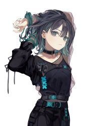 Rule 34 | 1girl, animal collar, arms up, belt, black hair, blue hair, closed mouth, collar, cuffs, duplicate, earrings, gradient hair, handcuffs, highres, jewelry, looking at viewer, multicolored hair, original, pixel-perfect duplicate, see-through, see-through sleeves, short hair, simple background, solo, standing, tokiwata soul, white background