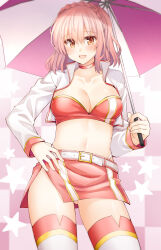 Rule 34 | 1girl, :d, belt, blush, breasts, choker, cleavage, commission, cowboy shot, date a live, gluteal fold, hand on own hip, highres, holding, holding umbrella, large breasts, long sleeves, looking at viewer, medium hair, midriff, navel, open mouth, orange eyes, pink hair, pixiv commission, race queen, red choker, red skirt, rui shi (rayze ray), skirt, smile, solo, sonogami rinne, stomach, thighhighs, thighs, umbrella, white belt, white thighhighs