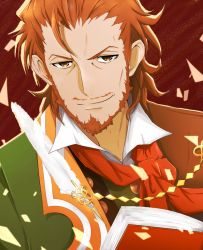 Rule 34 | 1boy, bad id, bad pixiv id, beard, book, brown eyes, brown hair, brown jacket, choco (chocovix112), closed mouth, commentary, facial hair, fate/grand order, fate (series), forehead, green jacket, jacket, looking at viewer, male focus, portrait, quill, red neckwear, sideburns, smile, solo, stubble, upper body, v-shaped eyebrows, william shakespeare (fate)