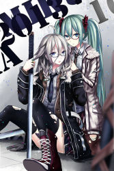 Rule 34 | 10s, 2013, 2girls, a5125924, ahoge, bad id, bad pixiv id, bespectacled, blue eyes, boots, coat, cross-laced footwear, echj, glasses, green eyes, green hair, hatsune miku, highres, ia (vocaloid), jewelry, lace-up boots, long hair, multiple girls, necktie, open mouth, ring, silver hair, sitting, skirt, sword, thighhighs, torn clothes, torn legwear, twintails, vocaloid, weapon