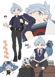 Rule 34 | 1boy, aged down, aron, backpack, bag, beldum, belt, black bag, black pants, blue eyes, book, buttons, closed mouth, collared shirt, commentary request, creatures (company), game freak, gen 3 pokemon, grey hair, highres, holding, holding book, holding strap, looking at viewer, male focus, metang, multiple views, necktie, nintendo, open mouth, pants, poke ball, poke ball (basic), pokemon, pokemon (creature), pokemon rse, red neckwear, shirt, shoes, sitting, smile, sneakers, socks, steven stone, teeth, vest, white background, white shirt, xia (ryugo)