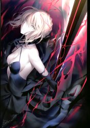 Rule 34 | 1girl, absurdres, ahoge, artoria pendragon (all), artoria pendragon (fate), bare shoulders, black dress, black gloves, black ribbon, blonde hair, braid, breasts, cleavage, closed mouth, dress, elbow gloves, excalibur morgan (fate), fate/stay night, fate (series), french braid, gloves, highres, kousaki rui, long hair, looking at viewer, ribbon, saber alter, scan, small breasts, solo, sword, weapon, yellow eyes
