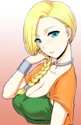 Rule 34 | 1girl, bianca (dq5), blonde hair, blue eyes, braid, breasts, cape, choker, cleavage, dragon quest, dragon quest v, earrings, gradient background, hair flip, hair over shoulder, jewelry, large breasts, long hair, looking at viewer, single braid, solo, square enix, st.germain-sal, upper body