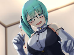 Rule 34 | .live, 1girl, bare shoulders, black-framed eyewear, black vest, blood on mimikaki, blush, breasts, buttons, collared shirt, commentary request, confused, cropped torso, dress shirt, elbow gloves, glasses, gloves, green eyes, green hair, hair between eyes, highres, kagura suzu (.live), large breasts, long hair, looking at another, looking down, mimikaki, open mouth, ribbon-trimmed gloves, ribbon trim, room, semi-rimless eyewear, shirt, side ponytail, sleeveless, sleeveless shirt, solo, typemekarauroko196, under-rim eyewear, vest, virtual youtuber, white gloves, white neckwear, white shirt