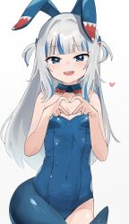 Rule 34 | 1girl, absurdres, alternate costume, animal ears, blue eyes, blue hair, blue leotard, breasts, cleavage, commentary request, fake animal ears, fins, fish tail, gawr gura, gradient background, grey background, grey hair, heart, heart hands, highres, hololive, hololive english, leotard, long hair, looking at viewer, multicolored hair, open mouth, playboy bunny, rabbit ears, shark girl, shark tail, small breasts, smile, solo, tail, teeth, thighs, two-tone hair, two side up, upper teeth only, virtual youtuber, woogi (duguddnr)