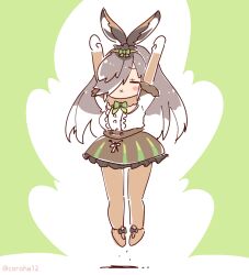 Rule 34 | 1girl, animal ears, arms up, bow, bowtie, coroha, elbow gloves, european hare (kemono friends), extra ears, full body, gloves, green background, grey hair, jumping, kemono friends, kemono friends 3, long hair, looking at viewer, pantyhose, rabbit ears, rabbit girl, ribbon, scarf, shirt, shoes, simple background, skirt, solo