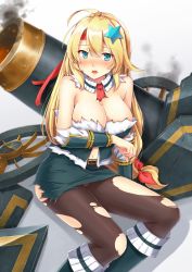 Rule 34 | 1girl, ahoge, armor, bad id, bad pixiv id, bare shoulders, belt, black pantyhose, blonde hair, blue eyes, blush, bow, breasts, cannon, cleavage, dabadhi, goryoukaku (oshiro project), hair between eyes, hair bow, hair ornament, headband, highres, japanese armor, kote, large breasts, long hair, looking at viewer, low-tied long hair, navel, nose blush, open mouth, oshiro project:re, panties, panties under pantyhose, pantyhose, red bow, sidelocks, solo, star (symbol), star hair ornament, tears, torn clothes, torn pantyhose, underwear, very long hair