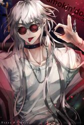 Rule 34 | 1boy, 2022, black choker, chain necklace, choker, cigarette, dated, grey jacket, happy birthday, highres, holding, holding cigarette, jacket, jacket partially removed, jewelry, kaida shion, long hair, male focus, necklace, paradox live, phantometal (paradox live), pink hair, red background, red eyes, ring, shirt, sirofuku414, smile, solo, sunglasses, tongue, tongue out, white shirt