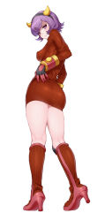 Rule 34 | 10s, 1girl, ass, blush, boots, breasts, courtney (pokemon), courtney (pokemon oras), covered erect nipples, creatures (company), dress, fake horns, full body, game freak, gloves, high heel boots, high heels, highres, hizuki akira, horns, impossible clothes, impossible dress, kneepits, looking at viewer, nintendo, pokemon, pokemon oras, purple eyes, purple hair, ribbed sweater, short hair, simple background, solo, sweater, team magma, white background