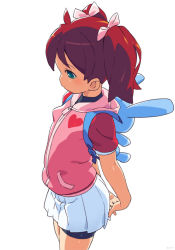 Rule 34 | 1girl, arms behind back, backpack, bag, bike shorts, brown hair, child, commentary request, cowboy shot, from side, green eyes, jacket, long hair, miniskirt, om (nk2007), pink jacket, ribbon, saru getchu, sayaka (saru getchu), shorts, shorts under skirt, simple background, skirt, solo, twintails, white background, white skirt