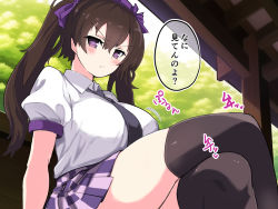 Rule 34 | 1girl, breasts, brown hair, checkered clothes, checkered skirt, collared shirt, frilled shirt collar, frills, fuji norihiro, hat, himekaidou hatate, large breasts, long hair, puffy short sleeves, puffy sleeves, purple skirt, shirt, short sleeves, sidelocks, skindentation, skirt, solo, tokin hat, touhou, twintails