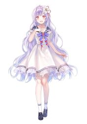 Rule 34 | 1girl, blush, collarbone, commentary request, dress, flower, fukahire (ruinon), full body, hair flower, hair ornament, hand on own chest, highres, light purple hair, loafers, long hair, looking at viewer, official art, onsen musume, open mouth, shoes, simple background, smile, solo, standing, striped, tamagawa yuria, very long hair, white background, white legwear, yellow eyes