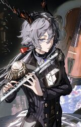 Rule 34 | 1boy, absurdres, animal ears, arknights, ascot, black hair, black jacket, cello, ebenholz (arknights), epaulettes, flute, formal, gawako, goat boy, goat ears, goat horns, hair between eyes, hair ribbon, highres, holding, holding instrument, horns, instrument, jacket, long sleeves, looking at viewer, male focus, parted lips, playing flute, ponytail, purple eyes, red ribbon, ribbon, short hair with long locks, solo, suit, white ascot