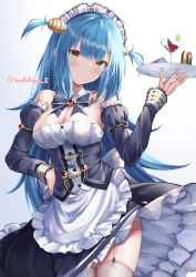 Rule 34 | 1girl, absurdres, apron, azur lane, bare shoulders, black bow, black bowtie, black dress, blue hair, blush, bow, bowtie, breasts, cleavage, commentary request, corset, detached collar, detached sleeves, dress, frilled dress, frills, garter straps, gem, hand on own hip, hand up, highres, holding, holding tray, long hair, long sleeves, looking at viewer, maid apron, maid headdress, makihige, medium breasts, neptune (azur lane), red gemstone, shell hair ornament, signature, simple background, smile, solo, thighhighs, tray, upskirt, very long hair, waist apron, white apron, white thighhighs, yellow eyes