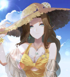 Rule 34 | 1girl, breasts, brown hair, cleavage, day, dress, earrings, flower, grey eyes, hand up, hat, hat flower, hijinrui gakuen, jewelry, kuromame grimm, lens flare, long hair, looking at viewer, necklace, outdoors, solo, starfish earrings, straw hat, sun hat, upper body, yellow dress