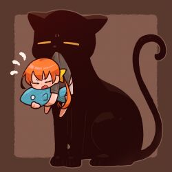 Rule 34 | 1girl, animal, barefoot, black cat, black shirt, border, bow, brown background, brown border, brown outline, cat, closed eyes, commentary request, deformed, hair bow, highres, hugging object, lifting person, long hair, notice lines, open mouth, orange hair, original, outside border, oversized animal, shirt, short hair with long locks, short shorts, short sleeves, shorts, solo, t-shirt, takurada, very long hair, white shorts, yellow bow