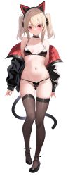 Rule 34 | 1girl, absurdres, animal ear headphones, animal ears, axent wear, bare shoulders, bikini, black bikini, black footwear, black jacket, black thighhighs, blonde hair, blush, breasts, cat ear headphones, cat ears, cat tail, closed mouth, collar, collarbone, fake animal ears, full body, gluteal fold, headphones, high heels, highres, jacket, long sleeves, looking at viewer, mole, mole under eye, navel, open clothes, open jacket, original, pretty mundane, red eyes, short hair, short twintails, small breasts, smile, solo, standing, stomach, swimsuit, tail, thighhighs, twintails