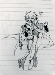 Rule 34 | 1other, ahoge, androgynous, ascot, ballpoint pen (medium), chinese commentary, closed eyes, closed mouth, coat, full body, highres, houlen yabusame, layered sleeves, len&#039;en, ling s, long legs, long sleeves, mannequin, other focus, shoes, short hair, short over long sleeves, short sleeves, shorts, sketch, solo, traditional media, translation request
