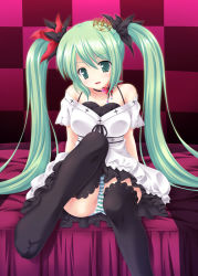 Rule 34 | 1girl, checkered background, green eyes, green hair, hatsune miku, long hair, matching hair/eyes, nanami ayane, panties, pantyshot, sitting, solo, striped clothes, striped panties, thighhighs, twintails, underwear, very long hair, vocaloid, world is mine (vocaloid)