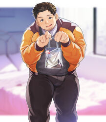 Rule 34 | 1boy, absurdres, bag, bara, brown hair, bulge, facial hair, fat, fat man, feet out of frame, goatee stubble, highres, holding, looking at viewer, mature male, original, osu (osumankokuou), pants, shopping bag, short hair, sideburns stubble, smile, solo, standing, stubble, thick eyebrows, thick thighs, thighs