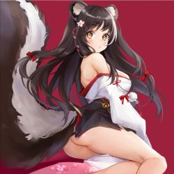 Rule 34 | 1girl, animal ears, ass, azur lane, bad id, bad pixiv id, bare shoulders, black hair, black skirt, breasts, cannian dada, chinese commentary, commentary, hair ornament, japanese clothes, large breasts, long hair, long sleeves, looking at viewer, looking back, miniskirt, multicolored hair, naganami (azur lane), no panties, off shoulder, pom pom (clothes), red background, simple background, sitting, skirt, skunk ears, skunk tail, solo, streaked hair, tail, white hair, yellow eyes, yokozuwari