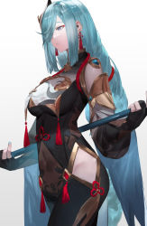 Rule 34 | 1girl, black bodysuit, blazpu, blue eyes, blue hair, blue nails, bodysuit, braid, breast curtain, clothing cutout, covered navel, earrings, eyeshadow, genshin impact, gloves, gold trim, hair ornament, hair over one eye, highres, hip vent, holding, holding staff, holding weapon, jewelry, long hair, low-braided long hair, low-tied long hair, makeup, nail polish, partially fingerless gloves, shenhe (genshin impact), shoulder cutout, solo, staff, standing, stomach cutout, tassel, tassel earrings, thigh cutout, weapon, white background