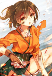 Rule 34 | 10s, 1girl, arrow (projectile), blood, blood on face, blush, bow (weapon), brown eyes, brown hair, dirty, gloves, hiryuu (kancolle), kantai collection, leg up, looking at viewer, open mouth, partially fingerless gloves, partly fingerless gloves, personification, short hair, side ponytail, single glove, solo, toosaka asagi, torn clothes, weapon, yugake