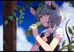 Rule 34 | 1girl, animal ear fluff, animal ears, black border, black vest, blue sky, border, branch, cloud, cloudy sky, collared shirt, grey hair, highres, holding, jacket, looking at viewer, mouse ears, mouse girl, nazrin, parted lips, red eyes, shirt, short hair, short sleeves, sky, solo, sweat, take no ko (4919400), touhou, upper body, vest, white shirt