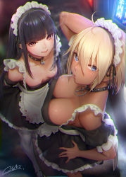 Rule 34 | 2girls, ahoge, apron, arm behind head, arms behind back, black dress, black footwear, blonde hair, blood, blood on clothes, blood splatter, blue eyes, blunt bangs, blush, breasts, brown eyes, choker, chromatic aberration, cigarette, cleavage, closed mouth, commentary, cross, cross choker, dark-skinned female, dark skin, dress, elbow gloves, frills, gloves, hair between eyes, heart, heart choker, large breasts, maid, maid headdress, mary janes, masami chie, multiple girls, neon lights, original, pov, shoes, short hair, sidelocks, sign, signature, small breasts, smile, smoke trail, smoking, thighhighs, white legwear