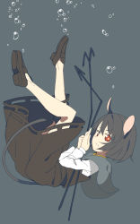 Rule 34 | 1girl, animal ears, bad id, bad pixiv id, bubble, capelet, dowsing rod, dress, grey background, grey dress, grey hair, highres, long sleeves, looking at viewer, mouse ears, mouse tail, nazrin, red eyes, seu kaname, shirt, solo, tail, touhou, underwater, upside-down