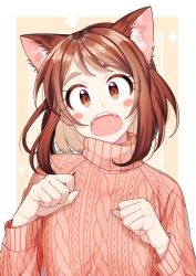 Rule 34 | 1girl, @ (symbol), absurdres, animal ear fluff, animal ears, artist name, beige sweater, blush, blush stickers, boku no hero academia, brown eyes, brown hair, clenched hands, commentary, dog ears, dot nose, face, fangs, highres, long sleeves, looking at viewer, lukapang, open mouth, short hair, sidelocks, simple background, solo, sweater, teeth, uraraka ochako