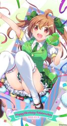 Rule 34 | 1girl, ahoge, bow, box, brown eyes, brown hair, clover, confetti, dated, four-leaf clover, frilled skirt, frilled thighhighs, frills, gift, gift box, green bow, green necktie, hair ornament, hairclip, happy birthday, heart, highres, inoue sora, long hair, looking at viewer, mary janes, midori-chan (myslot), myslot, necktie, open mouth, outstretched arm, plaid, plaid skirt, puffy short sleeves, puffy sleeves, school uniform, shoes, short sleeves, skirt, thighhighs, two side up, vest, white thighhighs