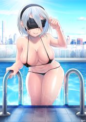Rule 34 | 1girl, bikini, black bikini, black blindfold, blindfold, breasts, building, cleavage, commentary, day, english commentary, grin, hair between eyes, hair lift, hand up, kashi kosugi, large breasts, leaning forward, micro bikini, navel, nier (series), nier:automata, outdoors, pool, short hair, silver hair, skyline, skyscraper, smile, solo, sunlight, swimsuit, thighs, water, wet, 2b (nier:automata)