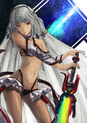 Rule 34 | 1girl, absurdres, altera (fate), bare shoulders, black nails, breasts, closed mouth, collarbone, dark-skinned female, dark skin, detached sleeves, fate/grand order, fate (series), fingernails, grey hair, headdress, highres, hip focus, holding, holding sword, holding weapon, jewelry, looking at viewer, midriff, miso oden, nail polish, navel, photon ray (fate), red eyes, revealing clothes, ribs, short hair, showgirl skirt, skirt, small breasts, solo, standing, stomach, sword, tan, thighs, veil, weapon, white skirt