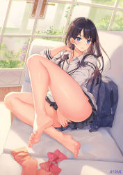Rule 34 | 1girl, atdan, backpack, bag, couch, gridman universe, highres, looking at viewer, sitting, solo, ssss.gridman, takarada rikka