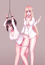 Rule 34 | 2girls, @ @, absurdres, arms up, bada, bdsm, black eyes, black hair, blonde hair, blush, bondage, bottomless, bound, breasts, candle, cleavage, dress shirt, hair ornament, hairclip, highres, jtaro, knees together feet apart, large breasts, leaning forward, legs, long hair, looking at another, looking up, lucy (talesrunner), multiple girls, no bra, open mouth, panties, panty pull, purple eyes, restrained, shirt, side ponytail, simple background, standing, sweat, sweatdrop, swept bangs, talesrunner, teeth, tongue, underwear, underwear around leg, very long hair, white panties, white shirt, yuri
