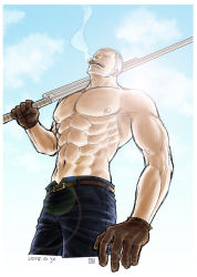 Rule 34 | 1boy, abs, bara, beard, brown gloves, cigar, cloud, denim, facial hair, from below, gloves, highres, jeans, kokorozashi, large pectorals, male focus, mature male, muscular, muscular male, navel, nipples, one piece, over shoulder, pants, pectorals, scar, scar on chest, topless male, short hair, sideburns, smoke, smoker (one piece), smoking, solo, stomach, stubble, sun, sunlight, weapon, weapon over shoulder, white hair