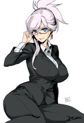 Rule 34 | 1girl, adjusting eyewear, asymmetrical hair, blue eyes, breasts, earrings, fate/grand order, fate (series), formal, glasses, grin, hair ornament, jewelry, large breasts, long hair, long sleeves, looking at viewer, miyamoto musashi (fate), pink hair, ponytail, simple background, smile, solo, suit, swept bangs, tooya daisuke, white background