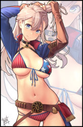 Rule 34 | 1girl, absurdres, american flag bikini, asymmetrical hair, belt, bikini, blue eyes, breasts, brown gloves, buckle, choker, elbow gloves, fate/grand order, fate (series), flag print, front-tie bikini top, front-tie top, gloves, halterneck, hands in hair, heart, heart-shaped buckle, high ponytail, highres, kakinomai, large breasts, looking at viewer, miyamoto musashi (fate), miyamoto musashi (fate/grand order), miyamoto musashi (swimsuit berserker) (fate), miyamoto musashi (swimsuit berserker) (second ascension) (fate), navel, pink hair, shell casing, shrug (clothing), smile, solo, swept bangs, swimsuit, two-tone swimsuit, zoom layer