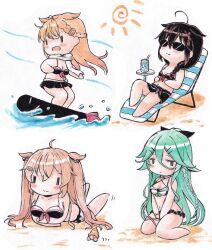 Rule 34 | 4girls, ahoge, barefoot, beach chair, bikini, black bikini, black hair, black ribbon, blonde hair, blush, braid, breasts, cup, drinking straw, hair between eyes, hair flaps, hair ornament, hair ribbon, hairclip, highres, kantai collection, long hair, lying, medium breasts, multiple girls, murasame (kancolle), on stomach, open mouth, poipoi purin, reclining, ribbon, sarong, scarf, shigure (kancolle), side braid, single braid, sitting, smile, sun, sunglasses, surfing, swimsuit, torpedo, two side up, very long hair, water, white scarf, yamakaze (kancolle), yuudachi (kancolle)