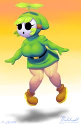 Rule 34 | 1girl, green hair, highres, hood, mario (series), mask, nintendo, outta sync, shy gal, shy guy, super mario bros. 1, thick thighs, thighs, wide hips