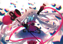 Rule 34 | 1girl, :d, ahoge, arm up, bare shoulders, black thighhighs, blue bow, blue eyes, blue skirt, bow, chromatic aberration, commentary, detached sleeves, frilled skirt, frills, hair between eyes, hair ornament, hatsune miku, head tilt, highres, holding, holding megaphone, long hair, long sleeves, magical mirai (vocaloid), magical mirai miku, magical mirai miku (2018), megaphone, open mouth, outstretched arm, pleated skirt, puffy long sleeves, puffy sleeves, re:rin, red bow, shirt, skirt, sleeveless, sleeveless shirt, sleeves past wrists, smile, solo, thigh gap, thighhighs, twintails, very long hair, vocaloid, white hair, white shirt