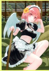 Rule 34 | 1girl, absurdres, apron, bikini, bow, bowtie, breasts, closed mouth, couch, feathered wings, flower, frills, hair flower, hair ornament, highres, indoors, looking at viewer, maid, maid bikini, maid headdress, medium breasts, midriff, mini wings, original, pink eyes, pink hair, puffy short sleeves, puffy sleeves, scan, short hair, short sleeves, simple background, sitting, skirt, smile, solo, swimsuit, unconventional maid, waist apron, wings, wristband, yashiro seika