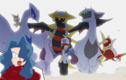 Rule 34 | 2boys, adjusting clothes, adjusting headwear, alternate universe, arceus, ash ketchum, baseball cap, black gloves, black hair, black pants, blue hair, commentary request, creatures (company), fingerless gloves, game freak, gen 1 pokemon, gen 2 pokemon, gen 3 pokemon, gen 4 pokemon, gen 5 pokemon, giratina, giratina (altered), gloves, hair over one eye, hand on headwear, hat, jacket, latias, legendary pokemon, long hair, looking at another, lugia, macchi (macchi), male focus, mewtwo, multiple boys, mythical pokemon, nintendo, one eye covered, open mouth, pants, pokemon, pokemon (anime), pokemon (creature), pokemon bw (anime), pokemon dppt (anime), short hair, short sleeves, simple background, surprised, tobias (pokemon), victini, white background