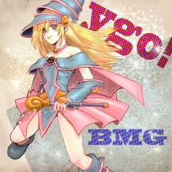 Rule 34 | 1girl, bare shoulders, blonde hair, blue footwear, blush, boots, character name, choker, copyright name, dark magician girl, detached sleeves, duel monster, green eyes, hat, long hair, pentacle, skirt, smile, staff, utitomi, wand, witch hat, wizard hat, yu-gi-oh!, yuu-gi-ou, yu-gi-oh! duel monsters