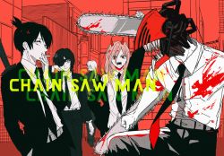 Rule 34 | 2boys, 3girls, :d, black pants, blood, blood on clothes, blood splatter, braid, chainsaw, chainsaw man, cigarette, clenched hands, closed mouth, collared shirt, denji (chainsaw man), ebanoniwa, eyepatch, hair between eyes, hair over one eye, hand up, hayakawa aki, himeno (chainsaw man), horns, jacket, long hair, makima (chainsaw man), multiple boys, multiple girls, necktie, one eye covered, open mouth, pants, pink hair, power (chainsaw man), red eyes, sharp teeth, shirt, smile, smoke, smoking, teeth, topknot, upper teeth only, weapon, weapon on back, wing collar