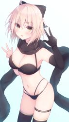 Rule 34 | 1girl, ahoge, armpits, bare shoulders, bikini, black bikini, black gloves, black thighhighs, blonde hair, bow, breasts, cleavage, cowboy shot, double w, elbow gloves, fate/grand order, fate (series), firepo, gloves, groin, hair bow, hands up, highres, large breasts, looking at viewer, multi-strapped bikini, navel, okita j. souji (fate), okita j. souji (first ascension) (fate), okita souji (fate), okita souji (koha-ace), open mouth, scarf, short hair, single glove, smile, solo, stomach, swimsuit, thigh strap, thighhighs, thighs, w, yellow eyes