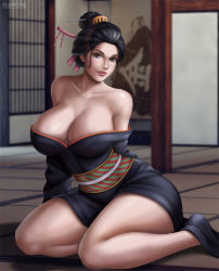 Rule 34 | 1girl, bare shoulders, black hair, black kimono, blue eyes, breasts, cleavage, flowerxl, huge breasts, japanese clothes, kimono, large breasts, lipstick, looking at viewer, makeup, nico robin, one piece, solo, tagme, thick thighs, thighs