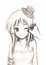 Rule 34 | 00s, 1girl, akiyama mio, blunt bangs, don&#039;t say &quot;lazy&quot;, elbow gloves, facepaint, gloves, hat, hime cut, k-on!, mini hat, mini top hat, monochrome, one eye closed, sketch, smile, solo, top hat, wakai sora, wink